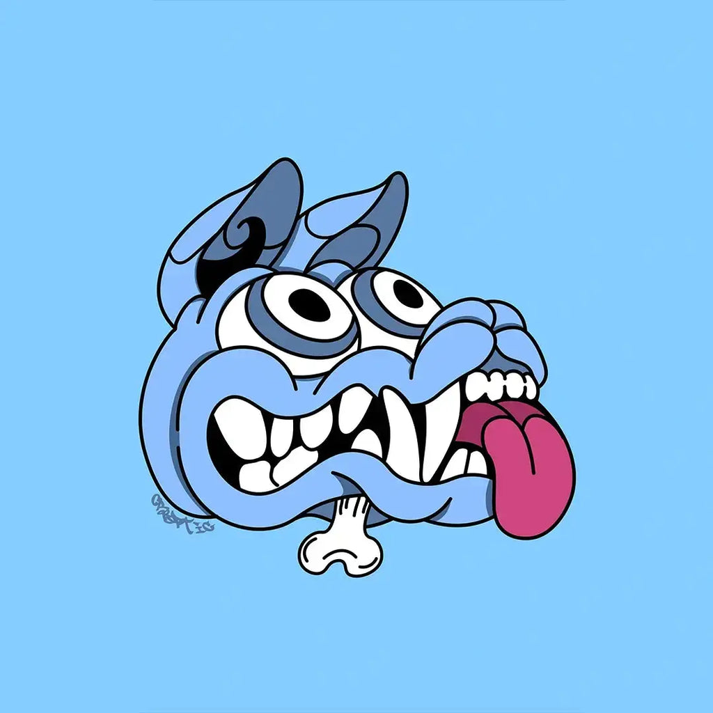 Illustrazione Cryptic Mad Dog blu con occhi sgranati e lingua fuori, design originale per patch magnetiche personalizzabili su felpe Cryptic.